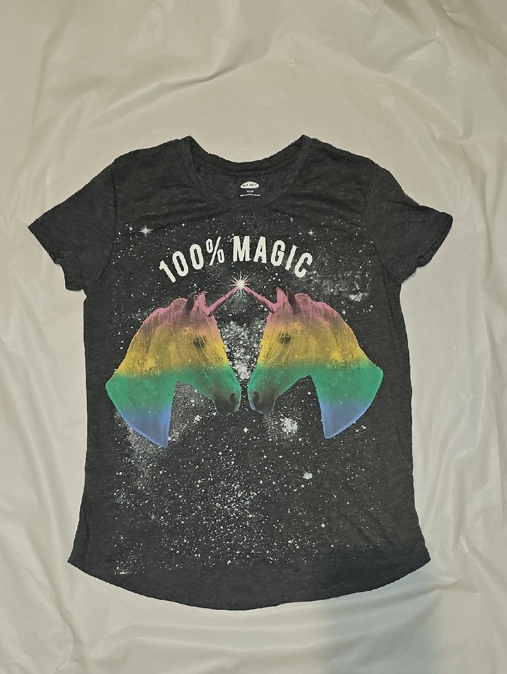 Old Navy Girls XL 14, 100% Magic Rainbow Unicorn Graphic Gray T-Shirt Used